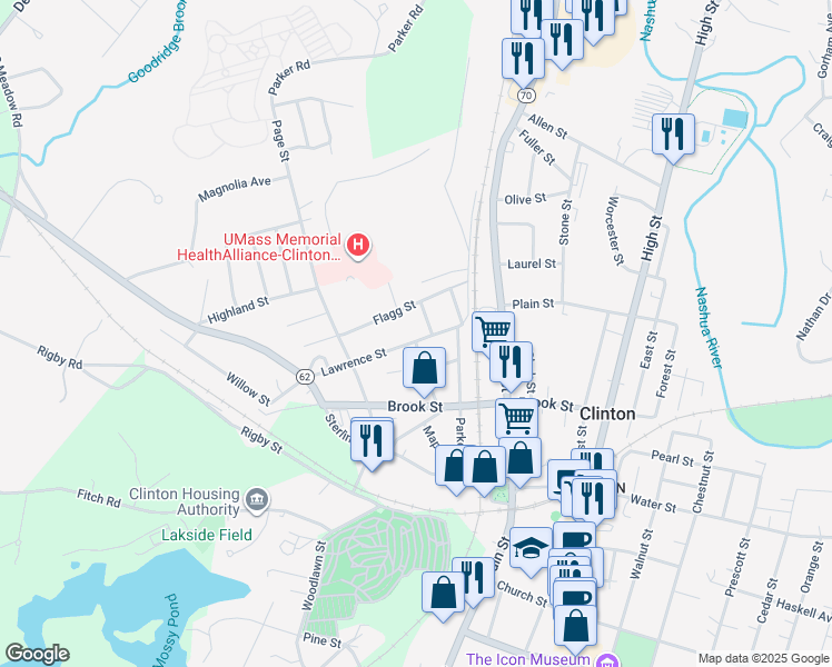 map of restaurants, bars, coffee shops, grocery stores, and more near 83 Flagg Street in Clinton