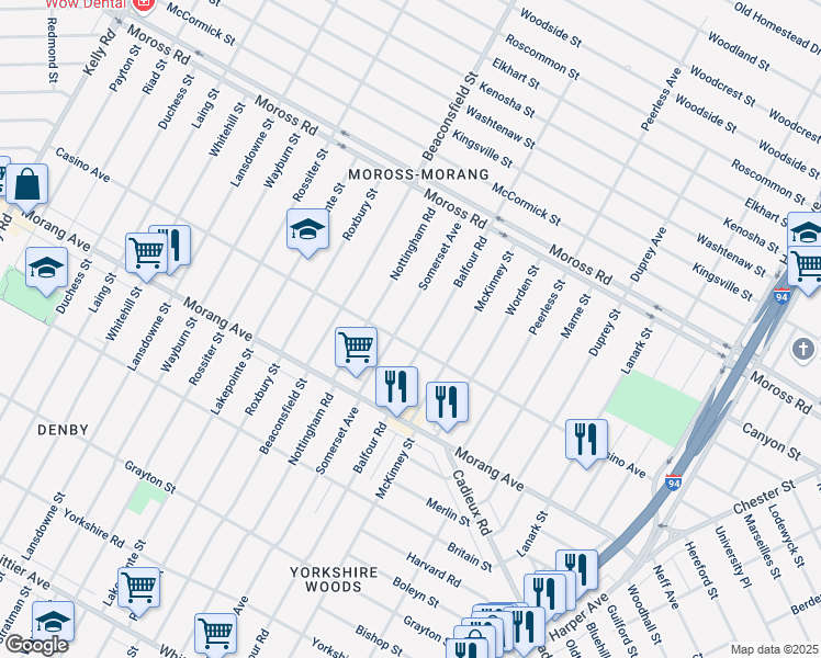 map of restaurants, bars, coffee shops, grocery stores, and more near 11375 Balfour Road in Detroit