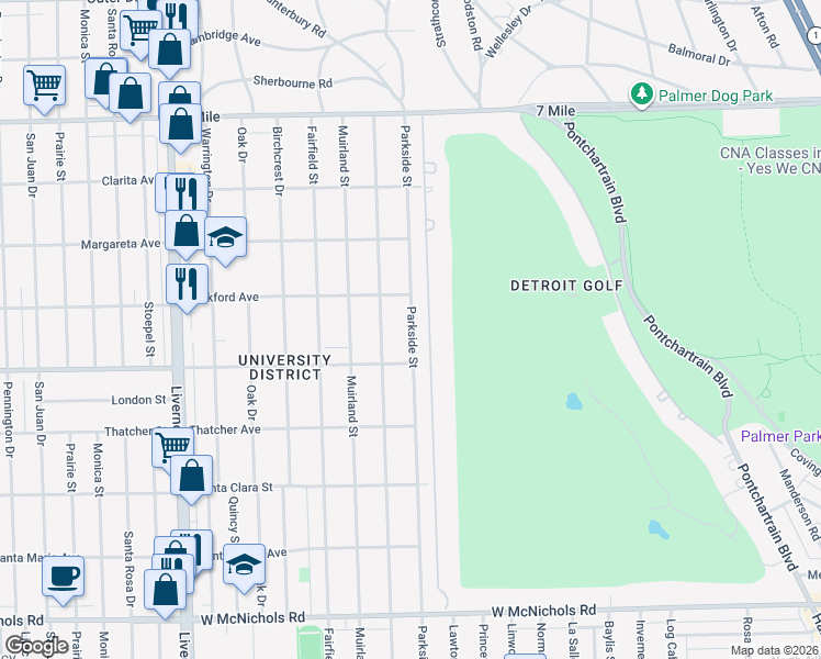 map of restaurants, bars, coffee shops, grocery stores, and more near 18300 Parkside Street in Detroit