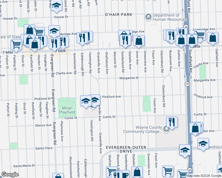 map of restaurants, bars, coffee shops, grocery stores, and more near 18492 Shaftsbury Avenue in Detroit