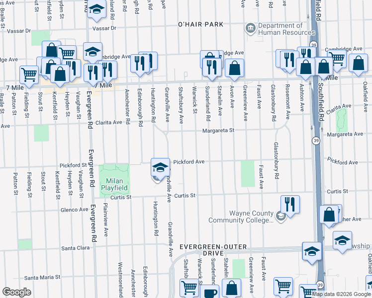 map of restaurants, bars, coffee shops, grocery stores, and more near 18492 Shaftsbury Avenue in Detroit