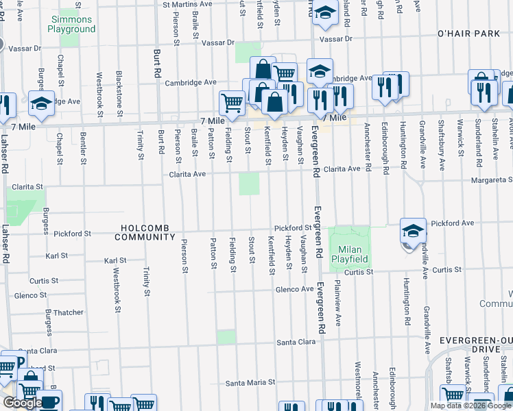 map of restaurants, bars, coffee shops, grocery stores, and more near 18506 Stout Street in Detroit