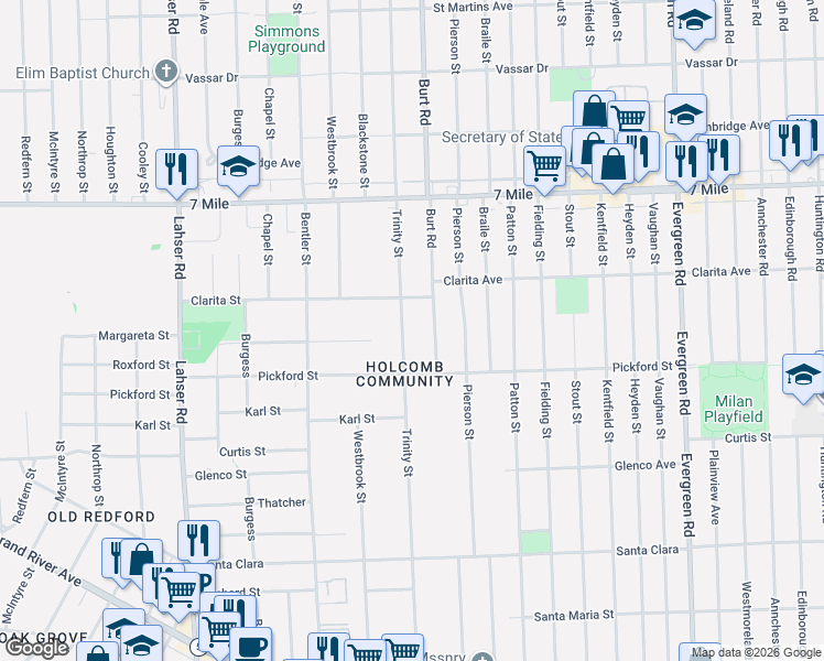 map of restaurants, bars, coffee shops, grocery stores, and more near 18525 Burt Road in Detroit