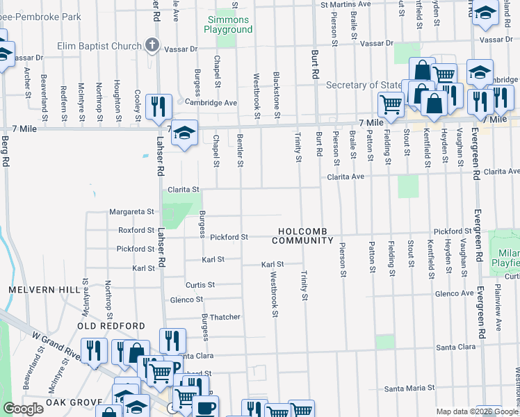 map of restaurants, bars, coffee shops, grocery stores, and more near 21232 Margareta Street in Detroit