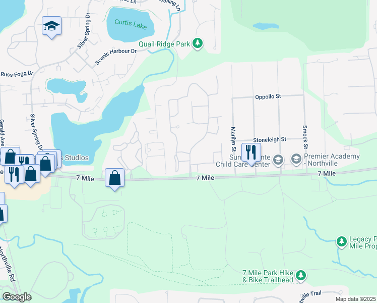 map of restaurants, bars, coffee shops, grocery stores, and more near 19143 Surrey Lane in Northville