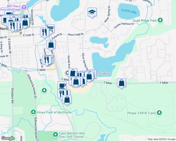 map of restaurants, bars, coffee shops, grocery stores, and more near 19200-19424 Silver Spring Dr in Northville