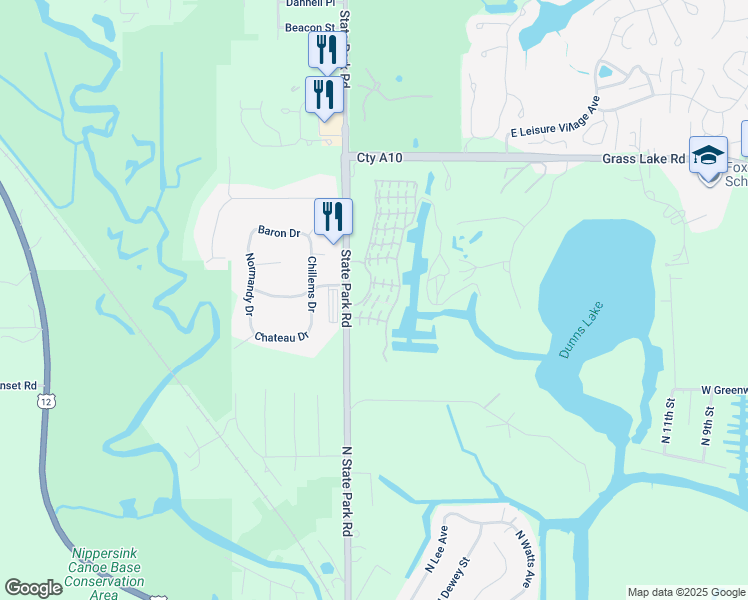 map of restaurants, bars, coffee shops, grocery stores, and more near 60 Aspen Colony in Fox Lake
