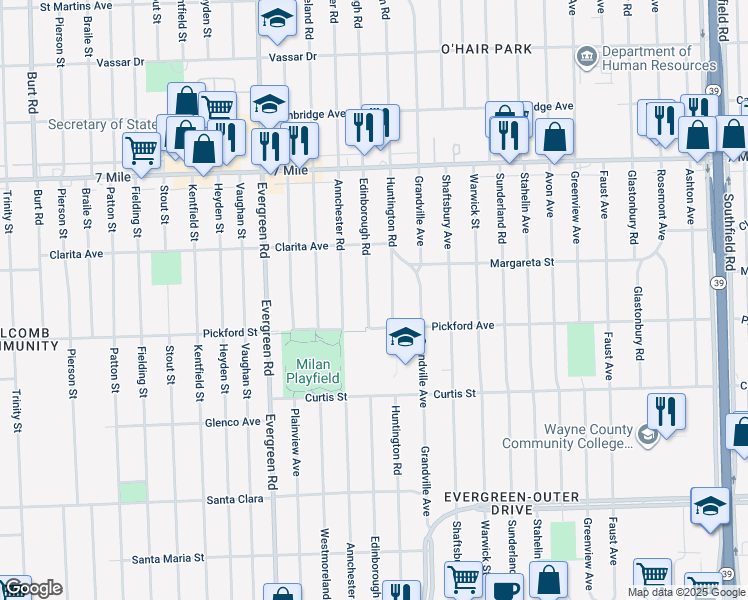 map of restaurants, bars, coffee shops, grocery stores, and more near 18456 Edinborough Road in Detroit