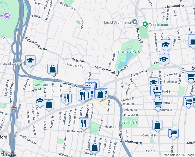 map of restaurants, bars, coffee shops, grocery stores, and more near 33 Fells Avenue Terrace in Medford