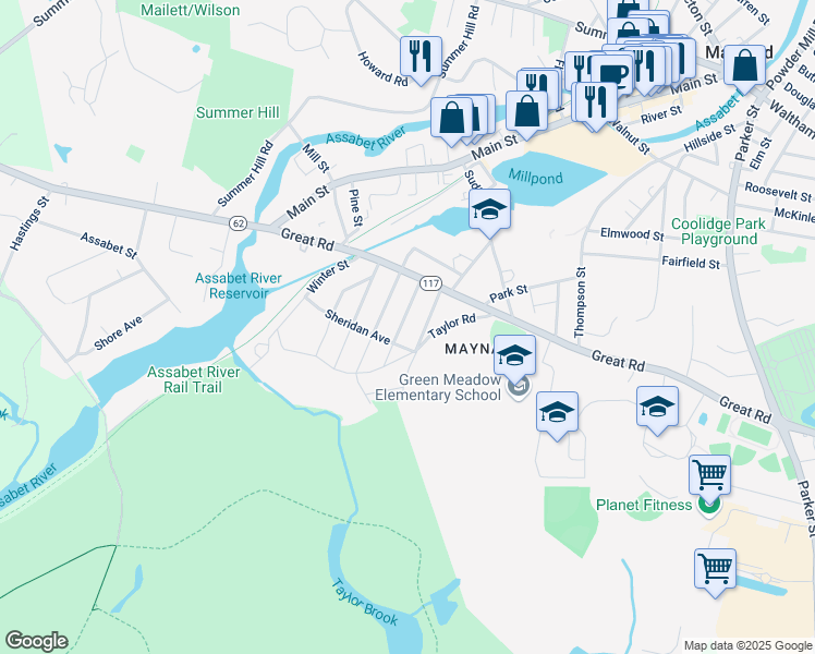 map of restaurants, bars, coffee shops, grocery stores, and more near 12 O'Moore Avenue in Maynard