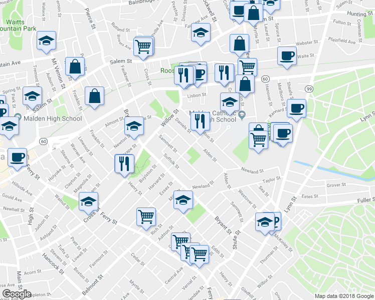 map of restaurants, bars, coffee shops, grocery stores, and more near 215 Harvard Street in Malden