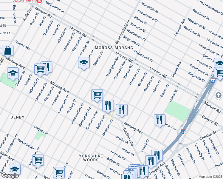 map of restaurants, bars, coffee shops, grocery stores, and more near 11375 Balfour Road in Detroit