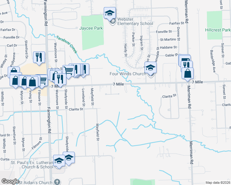 map of restaurants, bars, coffee shops, grocery stores, and more near 32319 West Seven Mile Road in Livonia