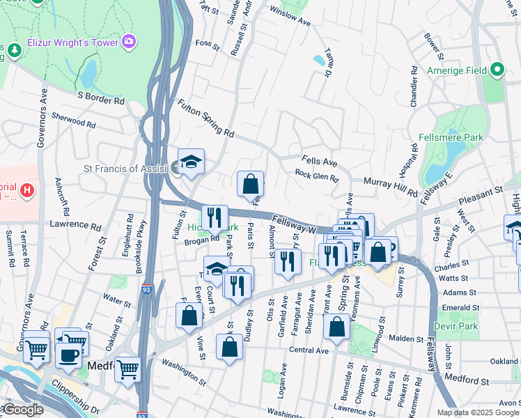 map of restaurants, bars, coffee shops, grocery stores, and more near 279 Fellsway West in Medford