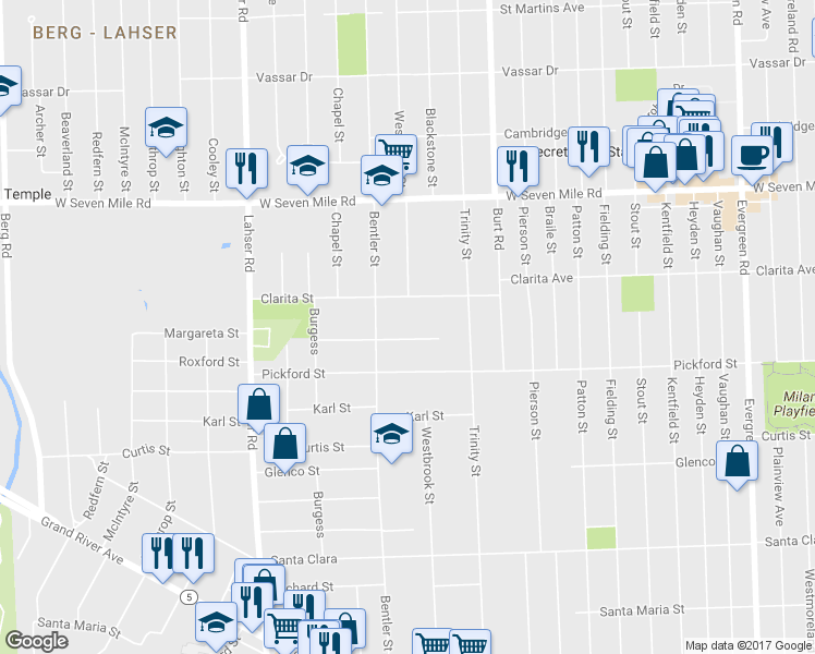 map of restaurants, bars, coffee shops, grocery stores, and more near 21232 Margareta Street in Detroit