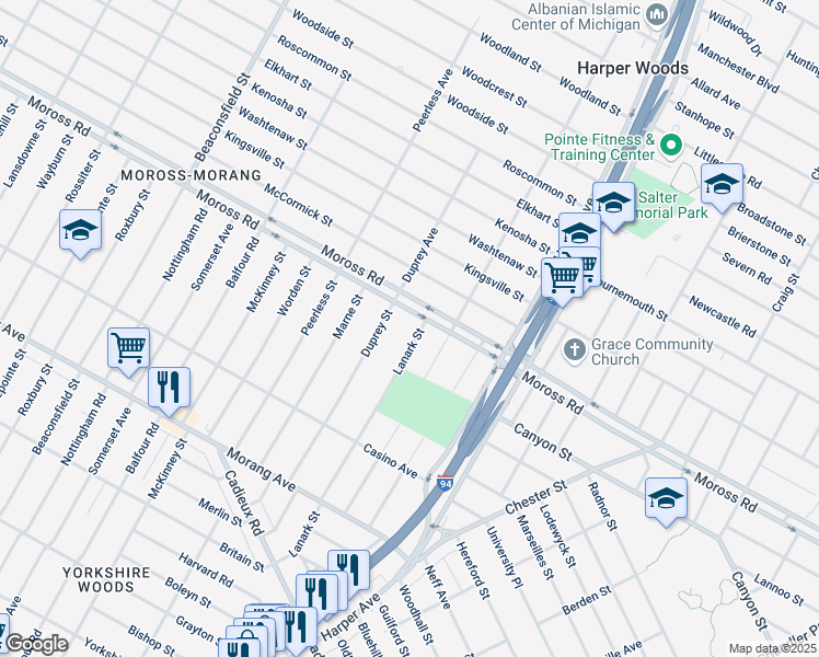 map of restaurants, bars, coffee shops, grocery stores, and more near 20406 Moross Road in Detroit