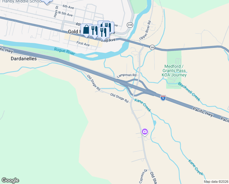 map of restaurants, bars, coffee shops, grocery stores, and more near 9816 Old Stage Road in Gold Hill