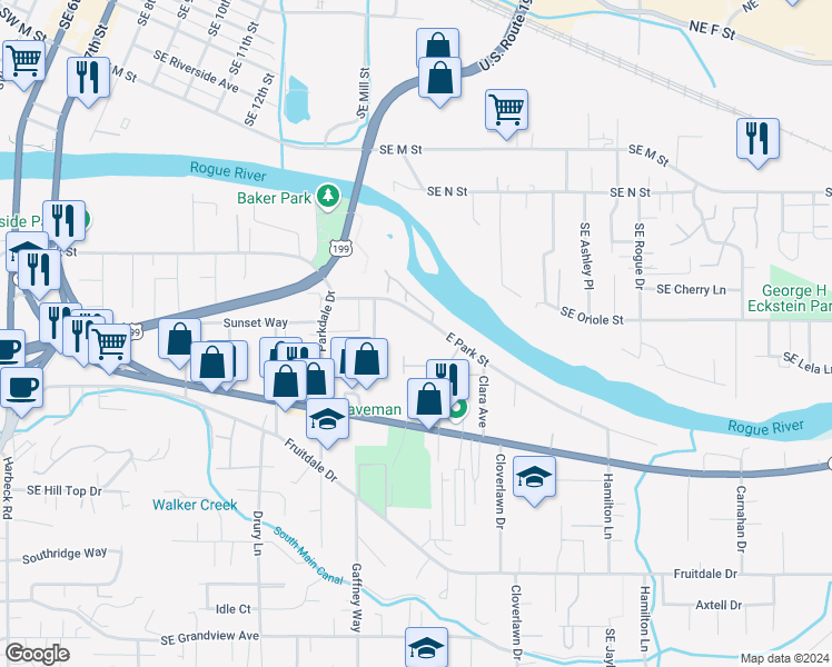 map of restaurants, bars, coffee shops, grocery stores, and more near 935 East Park Street in Grants Pass