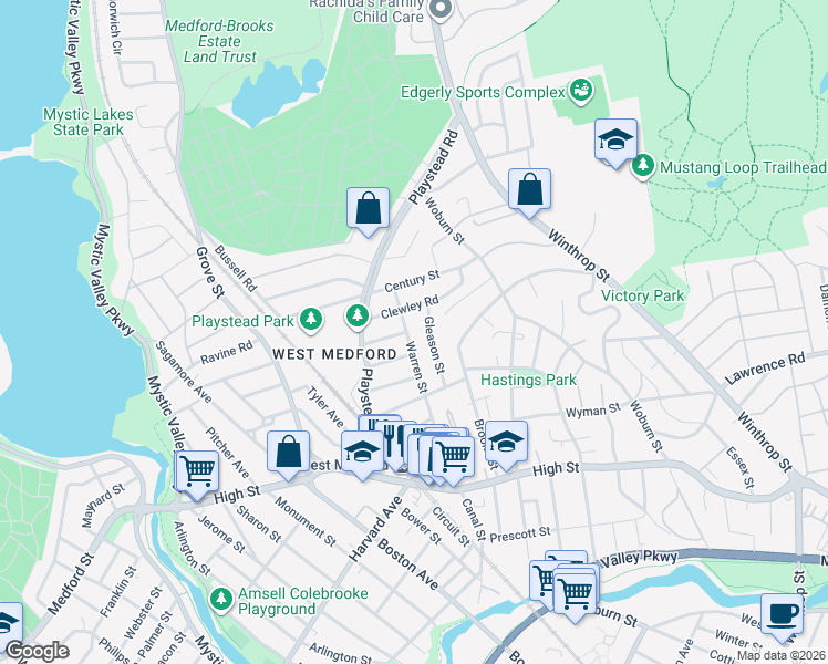 map of restaurants, bars, coffee shops, grocery stores, and more near 117 Warren Street in Medford