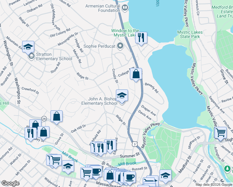map of restaurants, bars, coffee shops, grocery stores, and more near 56 Crosby Street in Arlington