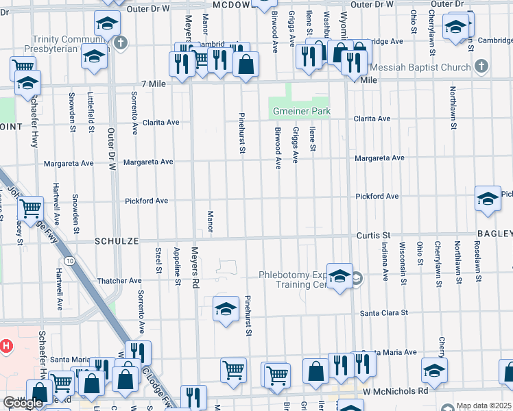 map of restaurants, bars, coffee shops, grocery stores, and more near 18400 Mendota Street in Detroit