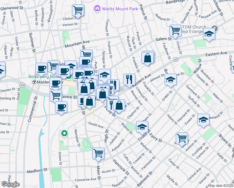 map of restaurants, bars, coffee shops, grocery stores, and more near 180 Eastern Avenue in Malden
