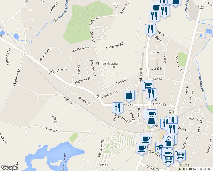 map of restaurants, bars, coffee shops, grocery stores, and more near 101 Greeley Street in Clinton