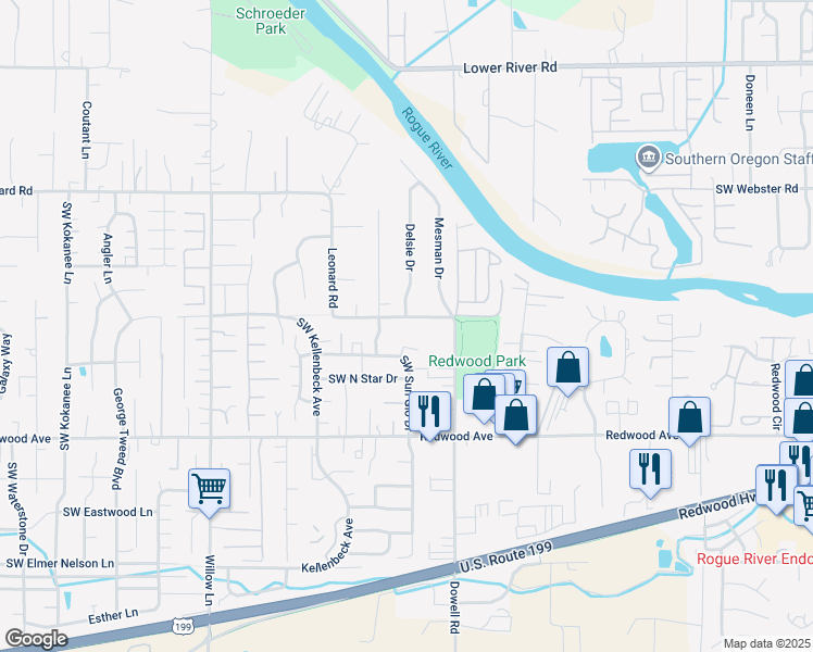 map of restaurants, bars, coffee shops, grocery stores, and more near 776 Delsie Drive in Grants Pass