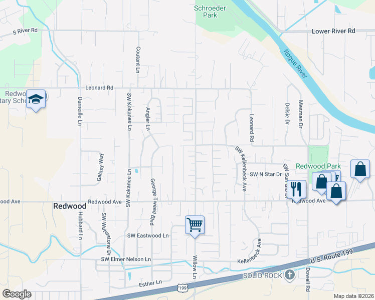 map of restaurants, bars, coffee shops, grocery stores, and more near 1259 Willow Lane in Grants Pass