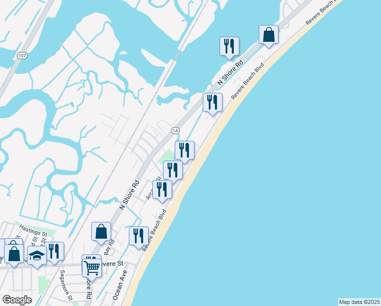 map of restaurants, bars, coffee shops, grocery stores, and more near 450 Revere Beach Boulevard in Revere