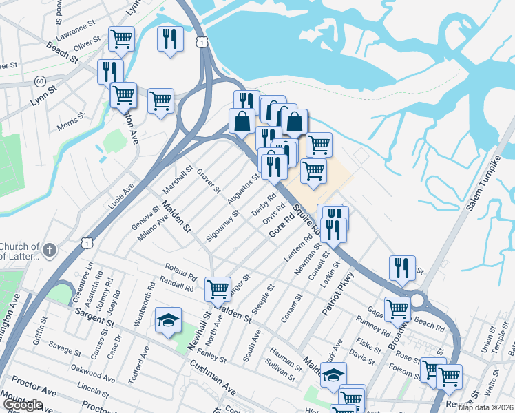 map of restaurants, bars, coffee shops, grocery stores, and more near 117 Sigourney Street in Revere