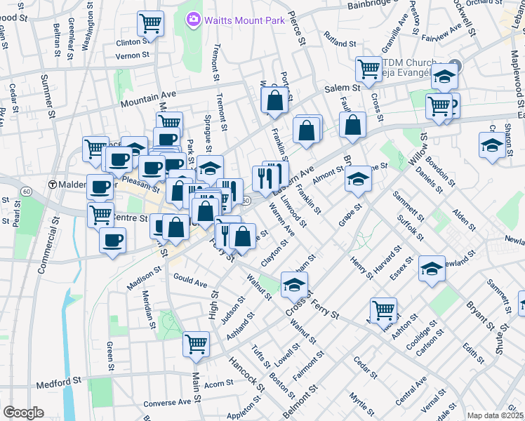 map of restaurants, bars, coffee shops, grocery stores, and more near 247 Eastern Avenue in Malden