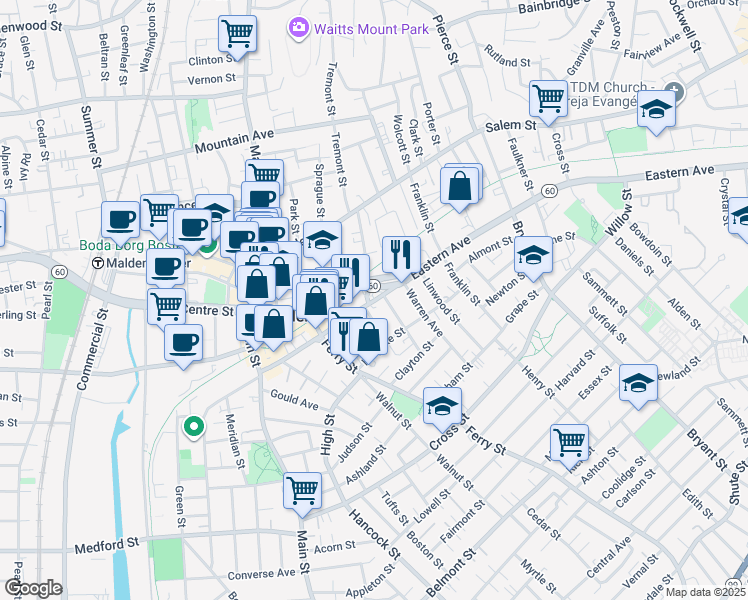 map of restaurants, bars, coffee shops, grocery stores, and more near 180 Eastern Avenue in Malden