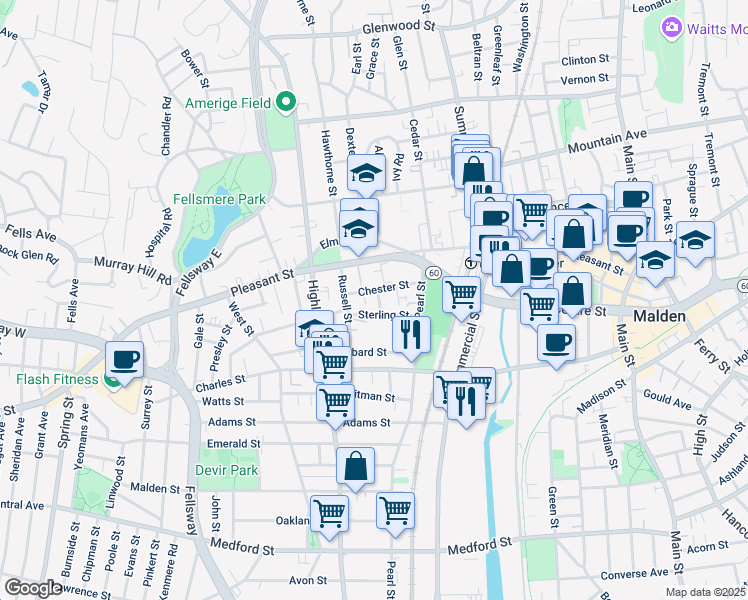 map of restaurants, bars, coffee shops, grocery stores, and more near 57 Chester Street in Malden