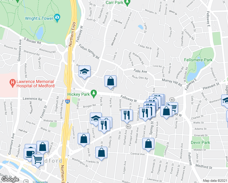 map of restaurants, bars, coffee shops, grocery stores, and more near 287 Fellsway West in Medford