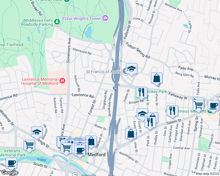 map of restaurants, bars, coffee shops, grocery stores, and more near 17 Valley Street in Medford