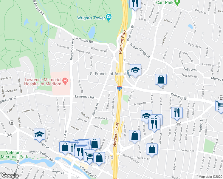 map of restaurants, bars, coffee shops, grocery stores, and more near 17 Valley Street in Medford