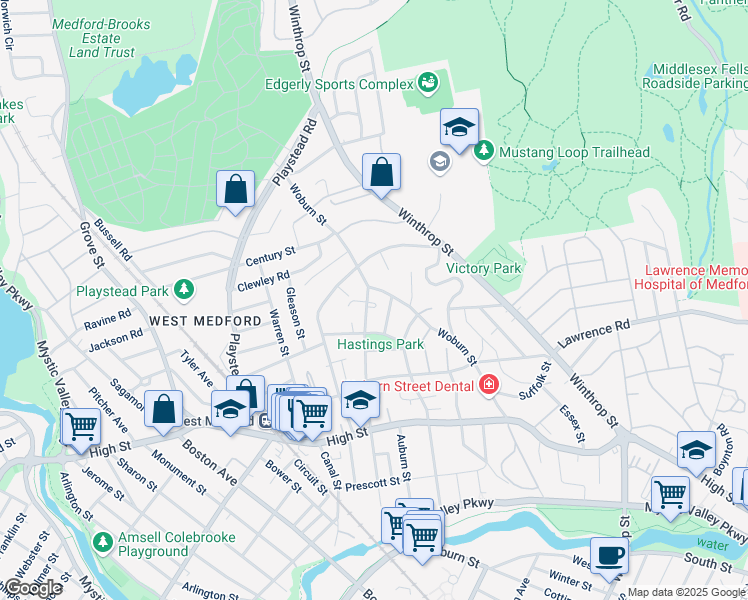 map of restaurants, bars, coffee shops, grocery stores, and more near 138 Woburn Street in Medford
