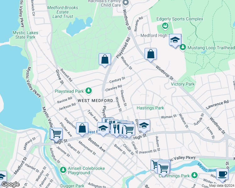 map of restaurants, bars, coffee shops, grocery stores, and more near 117 Warren Street in Medford
