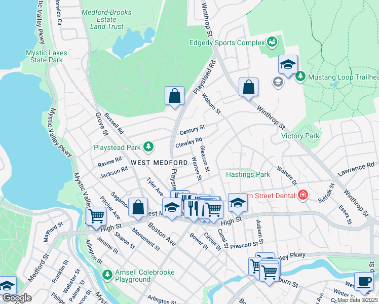map of restaurants, bars, coffee shops, grocery stores, and more near 117 Warren Street in Medford