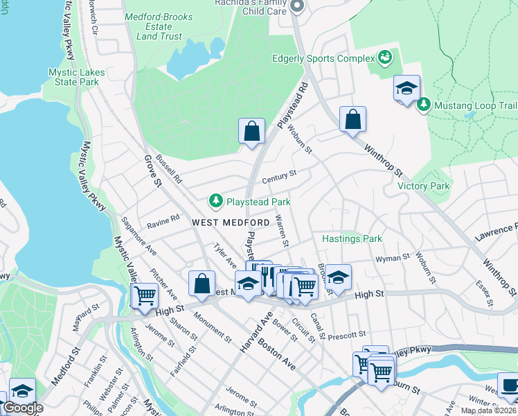 map of restaurants, bars, coffee shops, grocery stores, and more near 115 Playstead Road in Medford