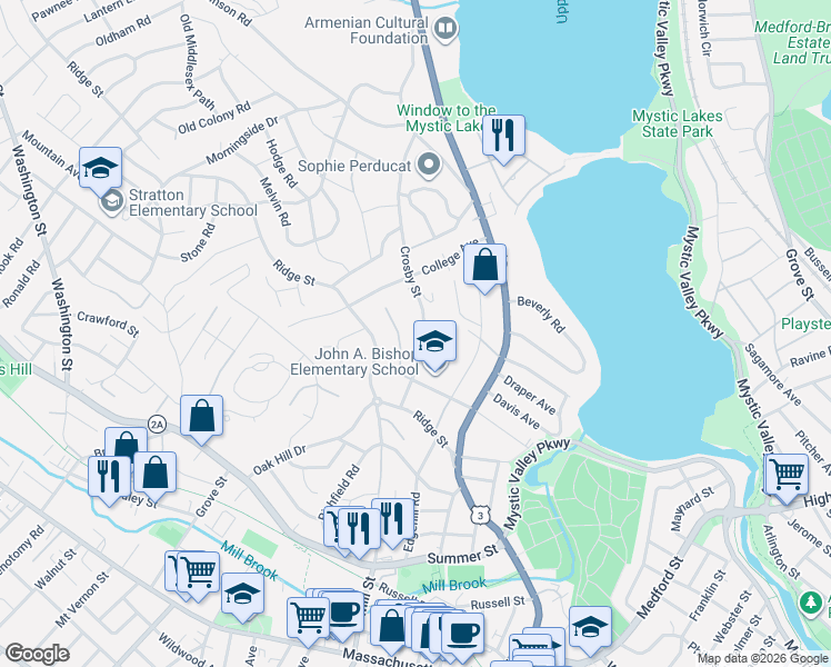 map of restaurants, bars, coffee shops, grocery stores, and more near 52 Crosby Street in Arlington