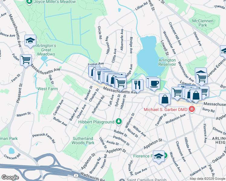 map of restaurants, bars, coffee shops, grocery stores, and more near 109 Massachusetts Avenue in Lexington