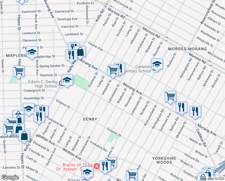 map of restaurants, bars, coffee shops, grocery stores, and more near 11931 Lansdowne Street in Detroit