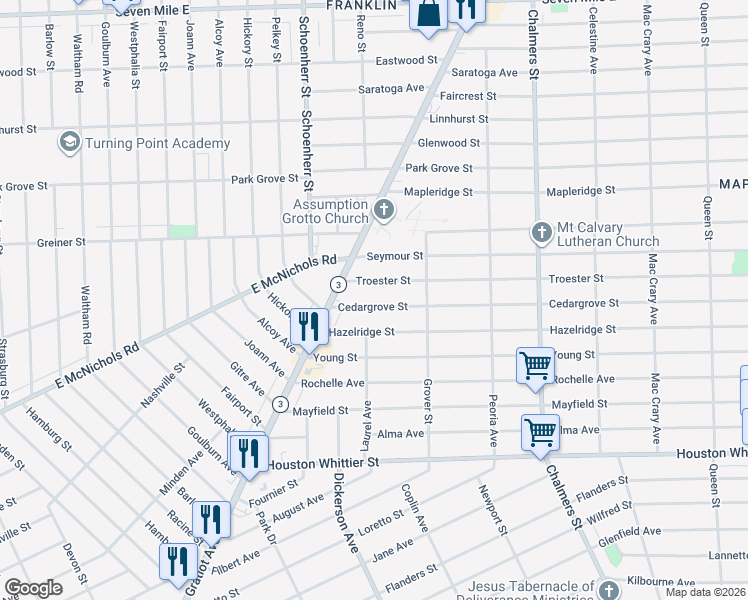 map of restaurants, bars, coffee shops, grocery stores, and more near 13696 Troester Street in Detroit