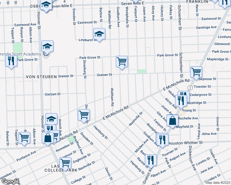 map of restaurants, bars, coffee shops, grocery stores, and more near 17255 Goulburn Avenue in Detroit