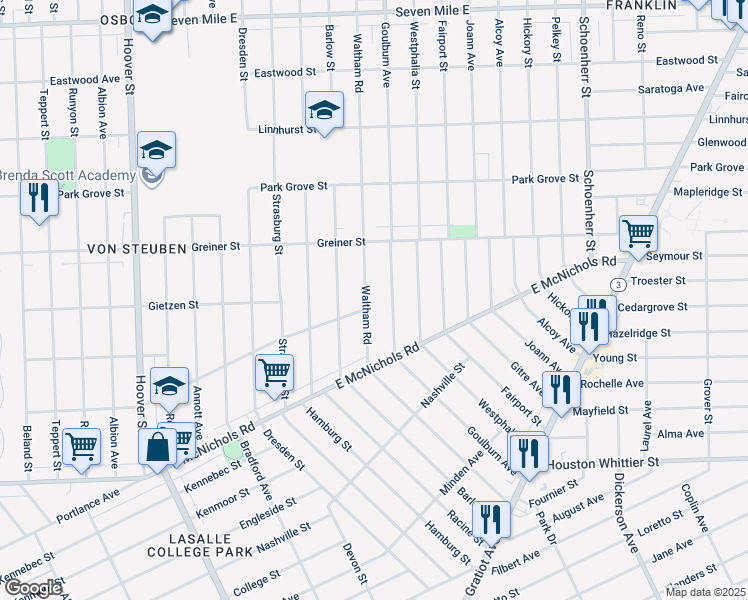 map of restaurants, bars, coffee shops, grocery stores, and more near 17255 Goulburn Avenue in Detroit