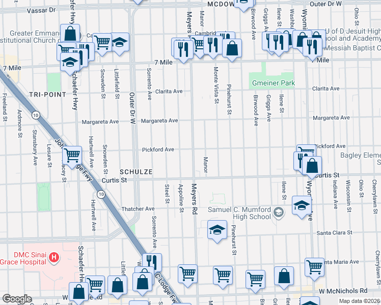 map of restaurants, bars, coffee shops, grocery stores, and more near 18400 Meyers Road in Detroit