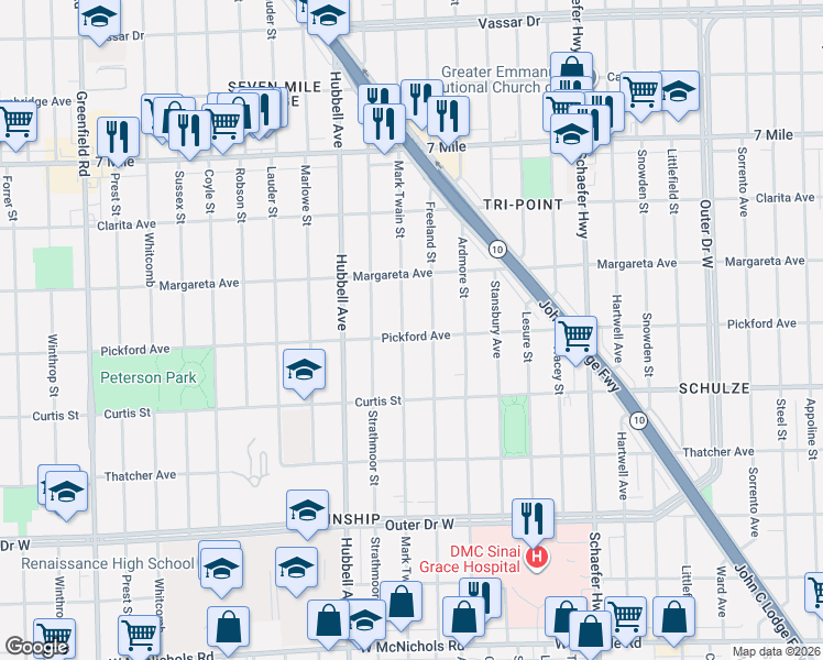 map of restaurants, bars, coffee shops, grocery stores, and more near 18434 Mark Twain Street in Detroit