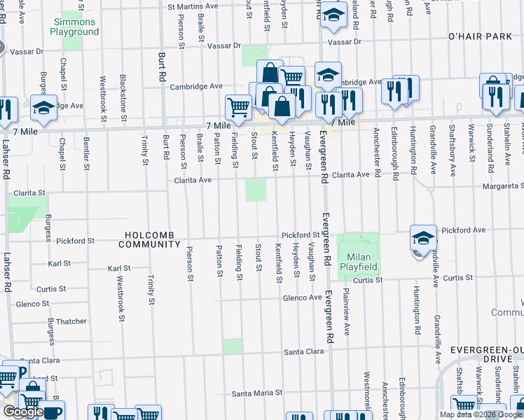 map of restaurants, bars, coffee shops, grocery stores, and more near 18506 Stout Street in Detroit